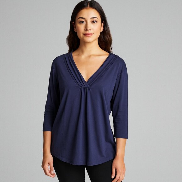 L.L. Bean Tops - L.L. Bean Supima Cotton Stretch V-Neck Blouse Women’s Large Navy Blue Top Preppy